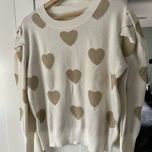 Women’s Cream Sweater with Gold Heart Pattern  and Puffed Sleeves Medium